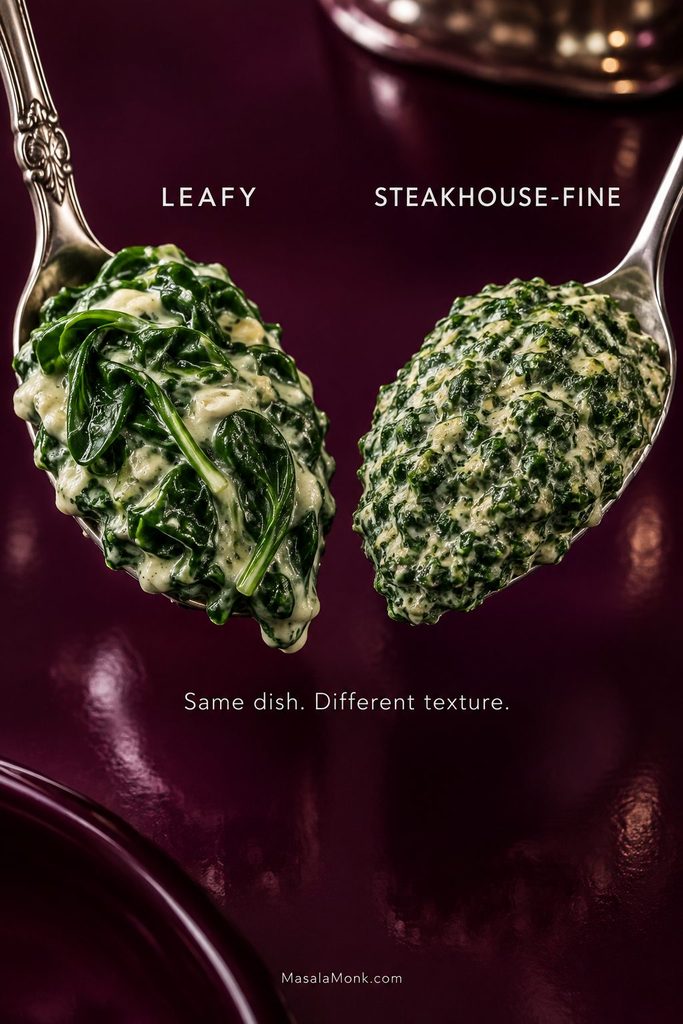 Two spoonfuls compare leafy creamed spinach with a finer, denser steakhouse-style chop.