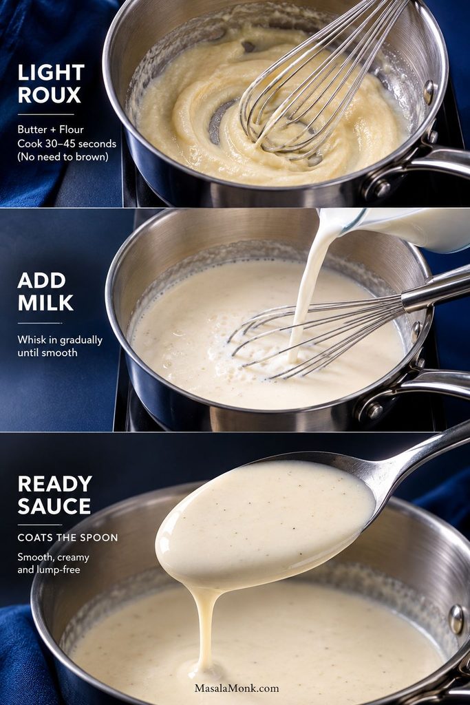 Three-stage sauce guide showing a pale roux, milk whisked into it, and a smooth sauce thick enough to coat the back of a spoon.