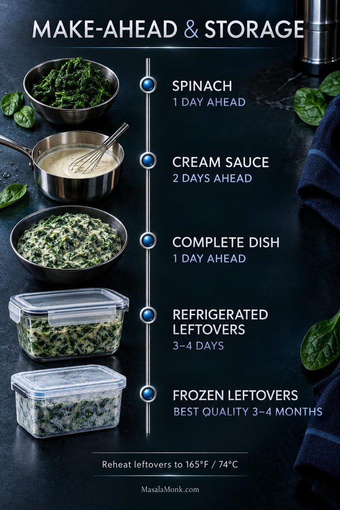 Make-ahead timeline showing spinach 1 day ahead, sauce 2 days ahead, the finished dish 1 day ahead, refrigerated leftovers for 3 to 4 days, and frozen leftovers for about 3 to 4 months.