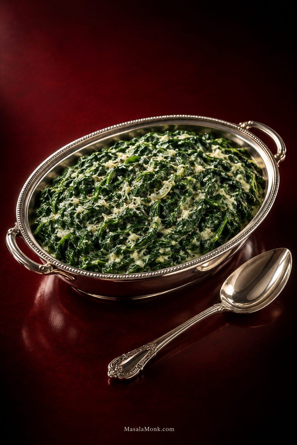 Creamed spinach with visible leafy greens coated in a smooth cream sauce, served in an oval silver dish on a deep red background.