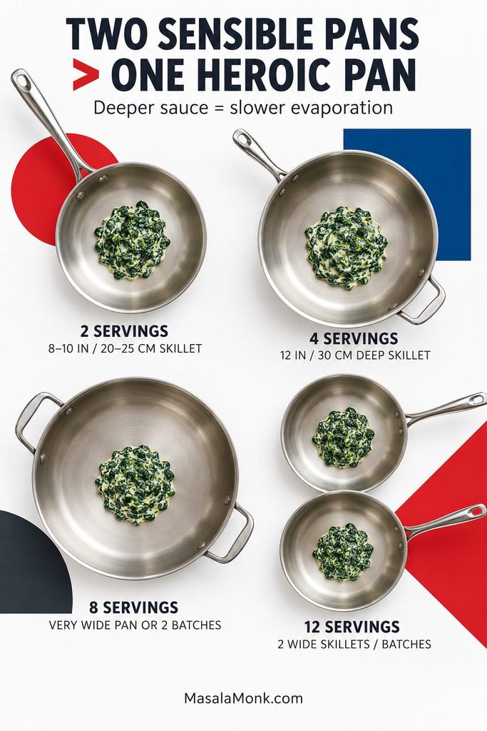 Pan-size guide showing 2 servings in a small skillet, 4 in a 12-inch skillet, 8 in a wide pan or two batches, and 12 in two wide skillets or batches.