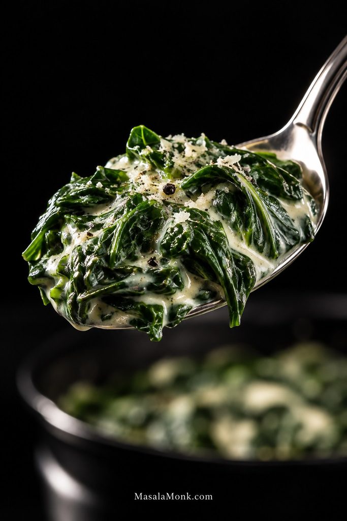 Close-up of leafy creamed spinach on a silver spoon, showing cream coating the leaves while their edges remain distinct.