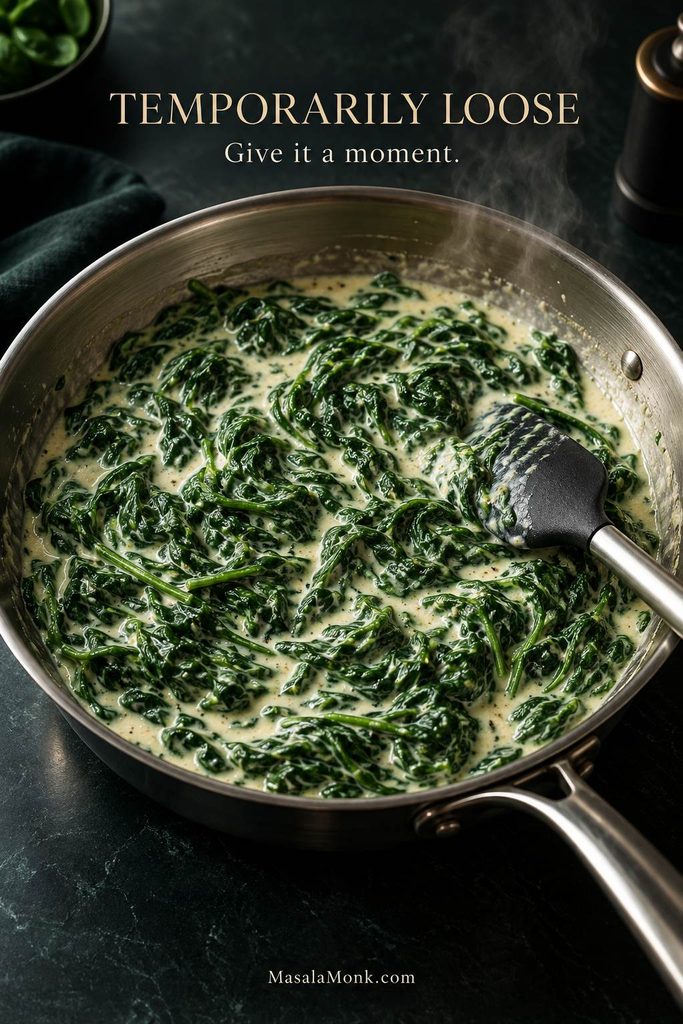 Creamed spinach in a skillet before final reduction, with visible liquid between the leaves and steam rising from the pan.
