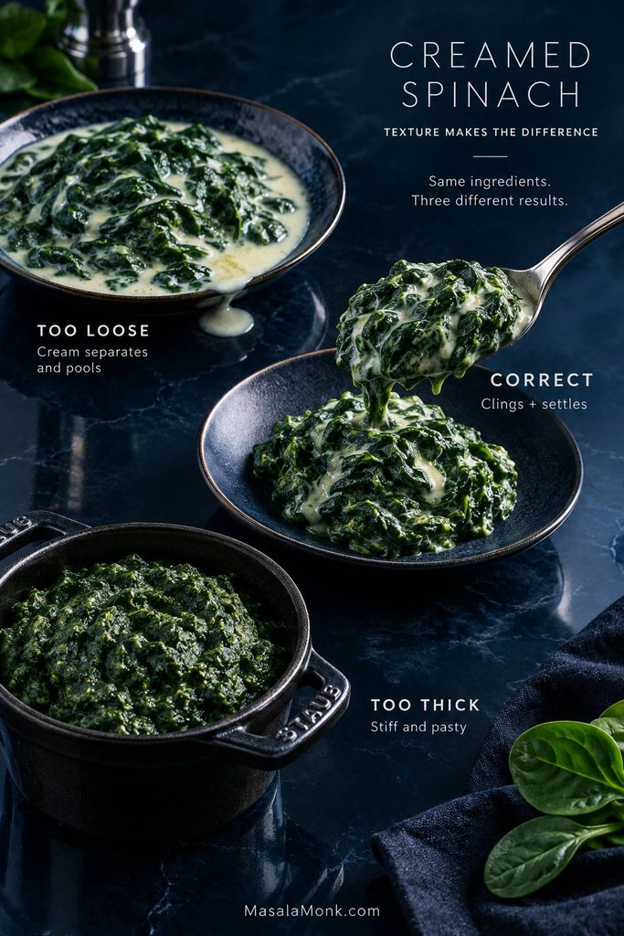 Three creamed spinach consistency examples: loose with pooling cream, correctly coated and relaxed, and overly thick and stiff.