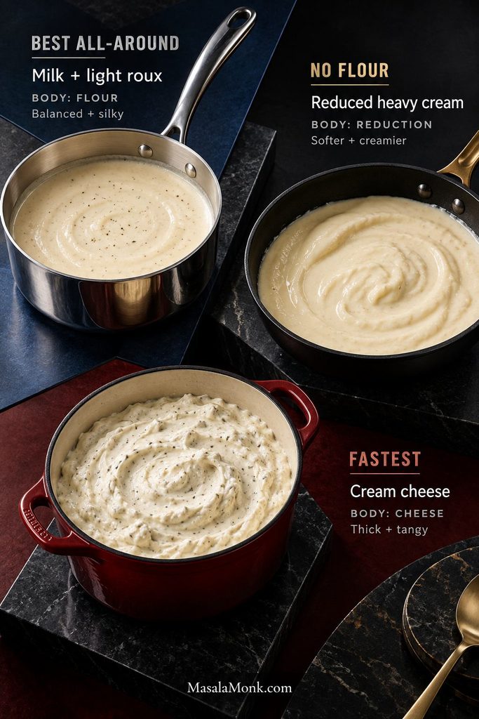 Three creamed spinach sauce methods compared: milk with light roux, reduced heavy cream, and thick cream cheese sauce.