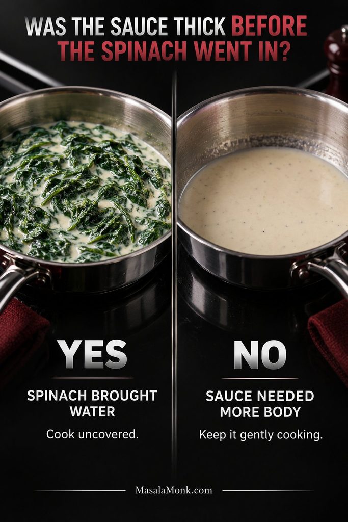 Troubleshooting decision graphic separating watery creamed spinach caused by moisture from the spinach from sauce that was too thin before the spinach was added.
