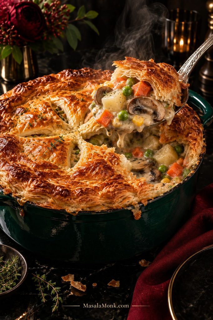 Serving spoon lifting creamy vegetable pot pie filling with potatoes, carrots, peas, corn and mushrooms beneath broken flakes of golden puff pastry.