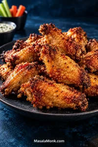 Platter piled with golden-brown baked chicken wings with blistered skin, with celery, carrot sticks and creamy dip in the background.