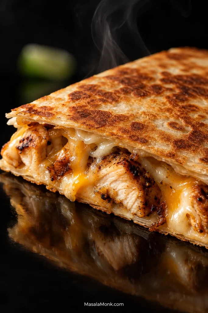 Extreme close-up of a freshly cut chicken quesadilla showing a crisp golden tortilla, browned chicken pieces and melted pale and golden cheese, with faint steam rising against a dark background.