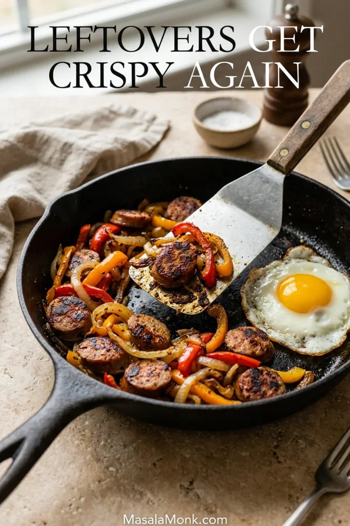 Sliced leftover sausage, roasted peppers and onions reheating in a skillet with a fried egg while a spatula lifts a browned piece of sausage and pepper.