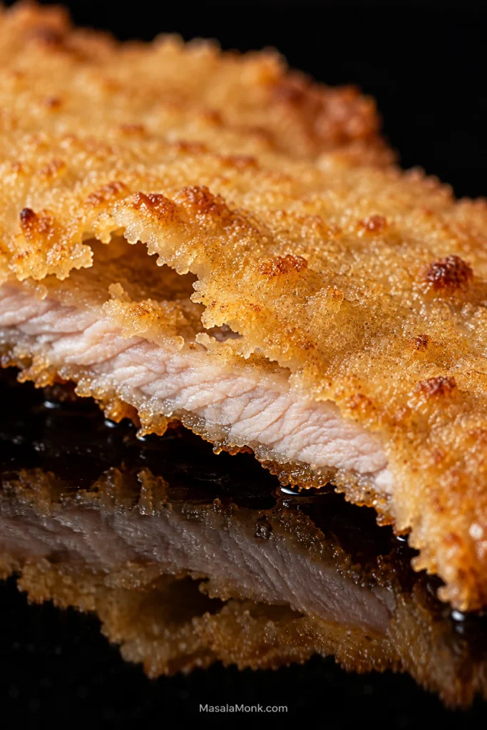 Extreme close-up of a fractured golden pork schnitzel showing a thin cooked pork interior and a fine, blistered breadcrumb crust.
