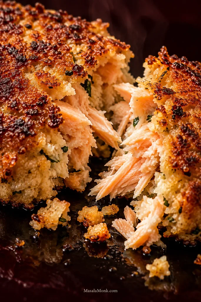 Extreme close-up of a cooked salmon patty broken open, showing a crisp dark-golden crust and separate moist pink salmon flakes inside.