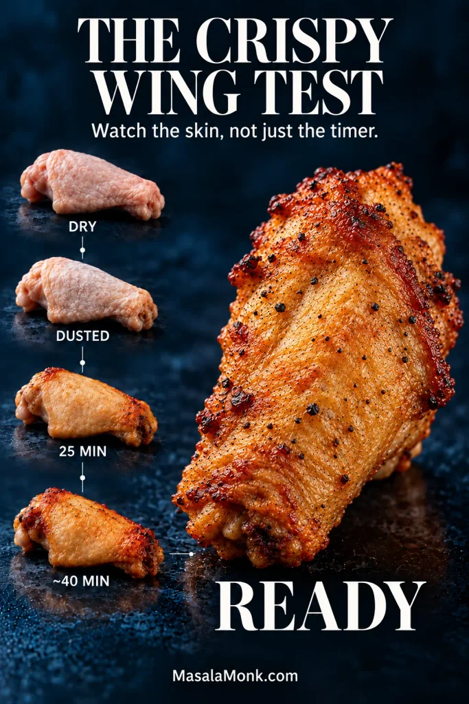 Visual progression labeled Dry, Dusted, 25 Min, about 40 Min and Ready, ending with a large golden baked chicken wing with crisp blistered skin.