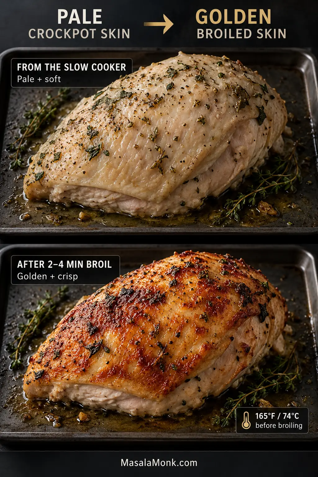 Same cooked turkey breast shown with pale soft skin from the slow cooker and golden crisp skin after brief broiling.