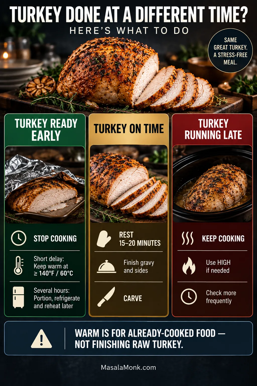Guide showing what to do when turkey breast finishes early, finishes on time or is still cooking as dinner approaches.