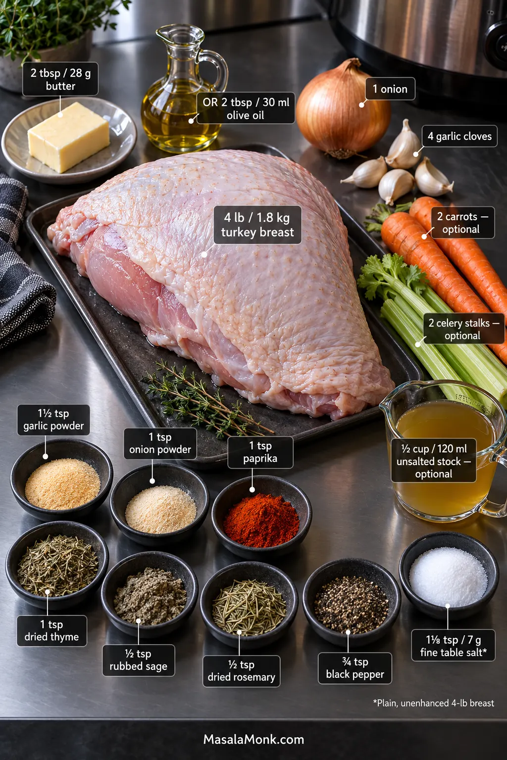 Four-pound turkey breast with butter, dried seasonings, onion, garlic, optional vegetables and optional unsalted stock arranged around it.