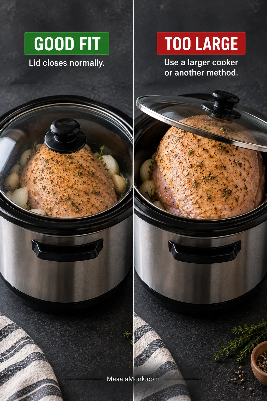 Comparison showing one turkey breast under a fully closed slow-cooker lid and an oversized breast preventing the lid from closing.