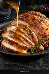 Carved golden turkey breast with moist slices while warm gravy is poured over the front of the platter.
