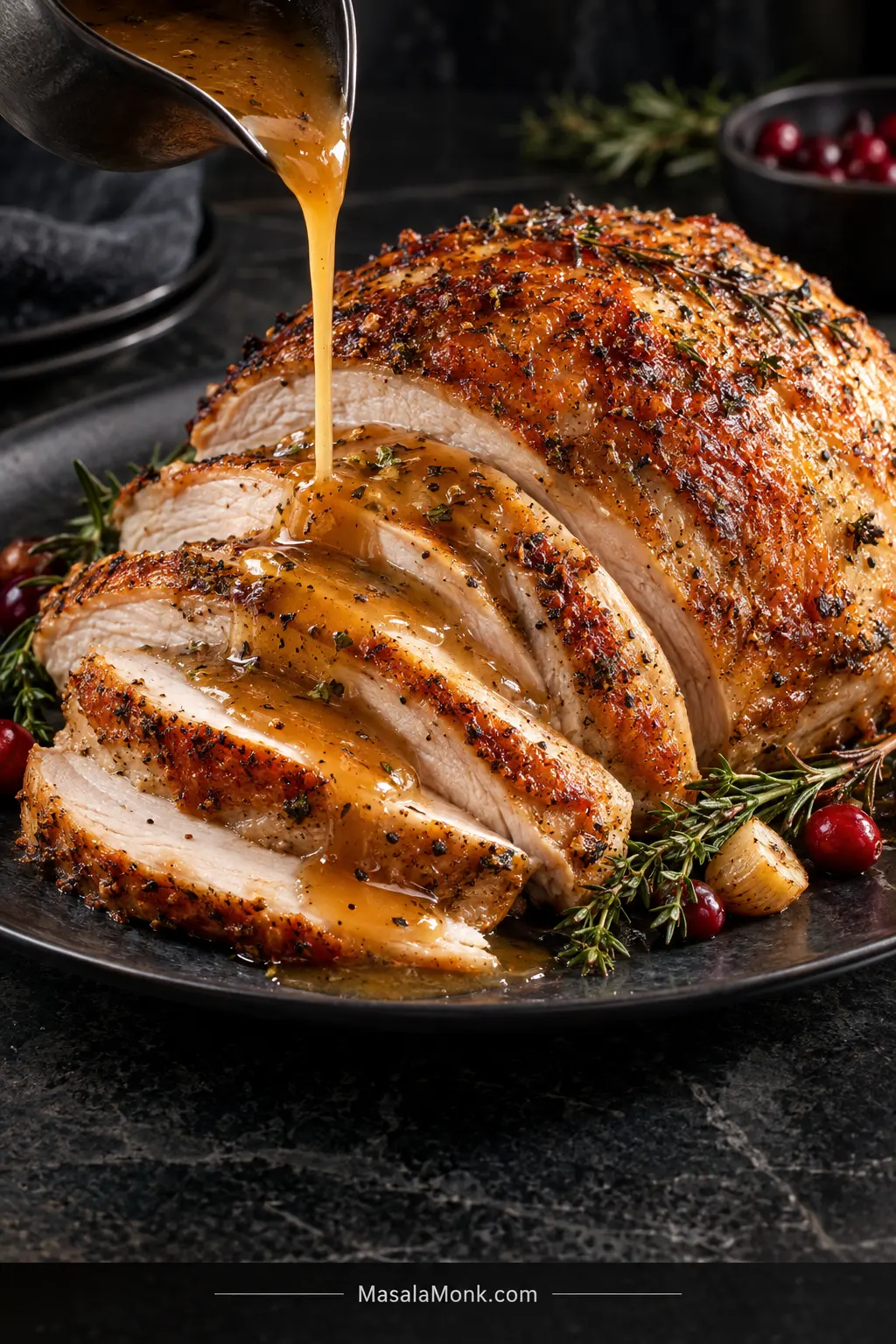 Carved golden turkey breast with moist slices while warm gravy is poured over the front of the platter.