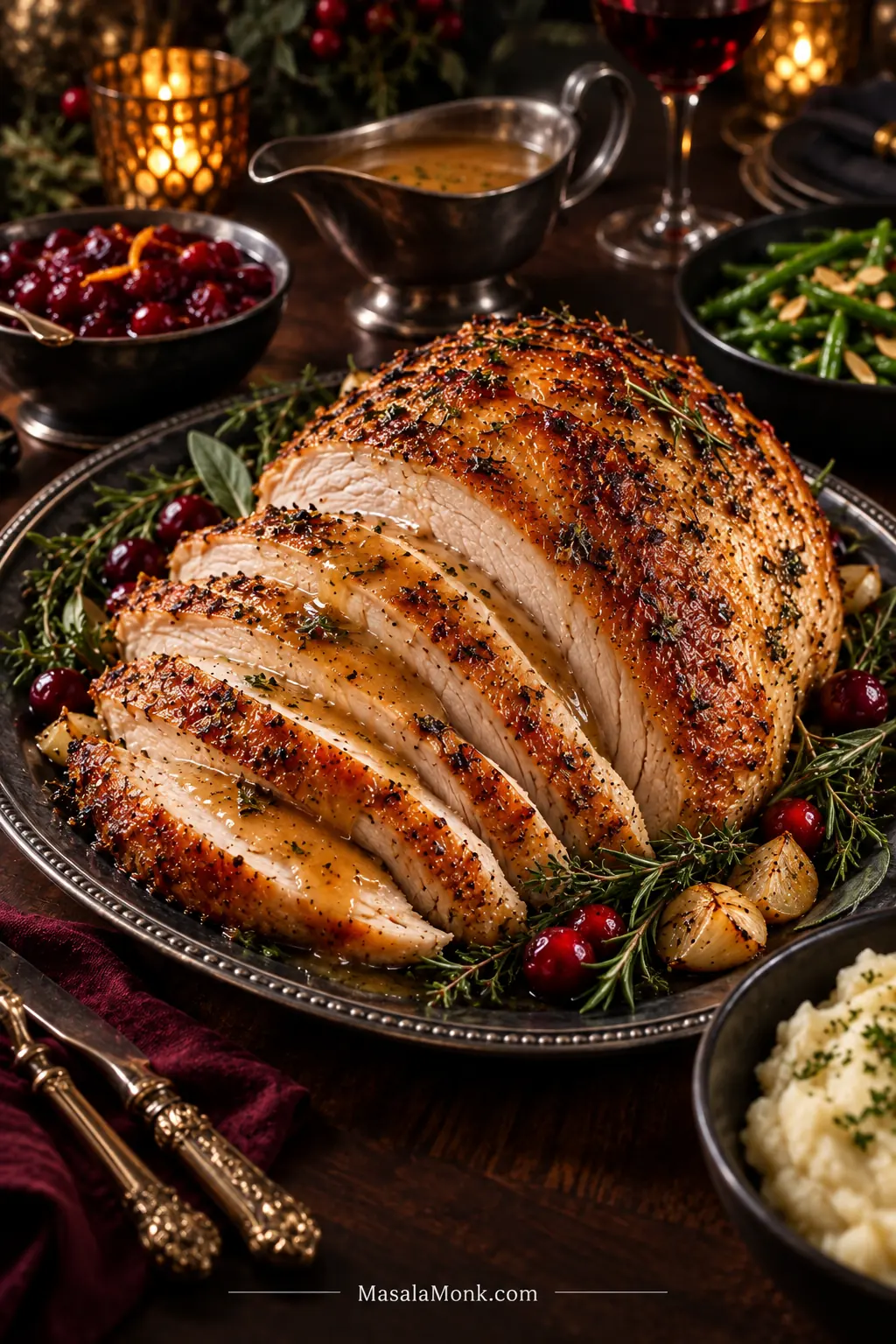 Holiday serving platter with carved golden turkey breast, gravy, cranberry sauce, green beans and mashed potatoes.