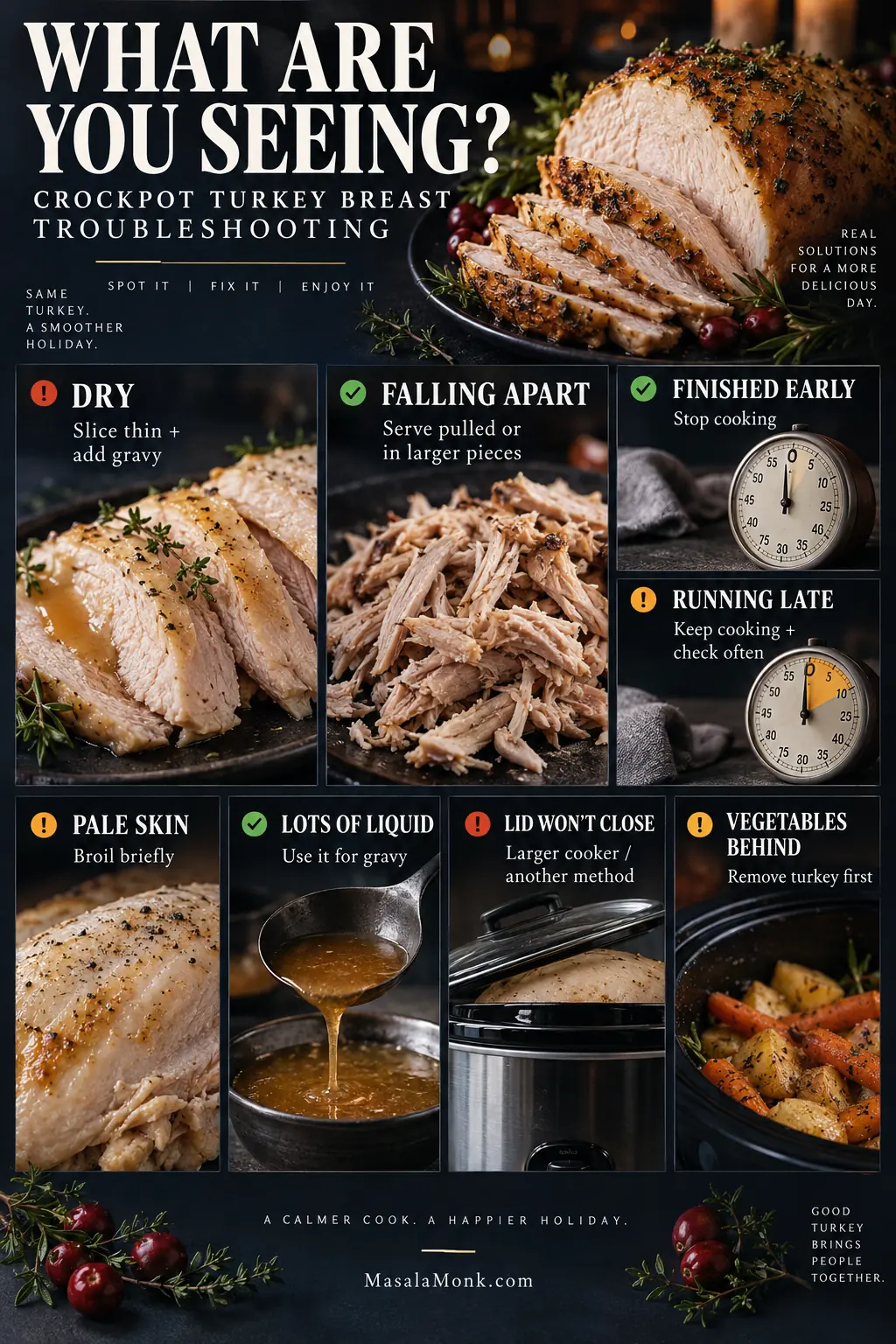 Troubleshooting guide showing dry turkey, falling-apart meat, early or late cooking, pale skin, excess liquid, poor lid fit and vegetables needing more time.
