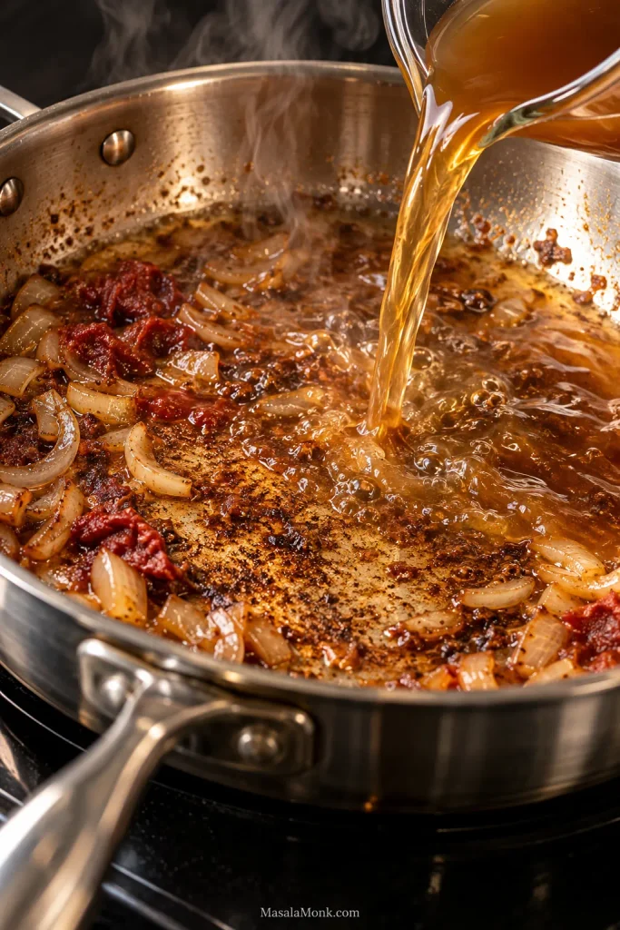 Broth pouring into a hot stainless-steel skillet with browned fond, onions and tomato paste as steam rises.