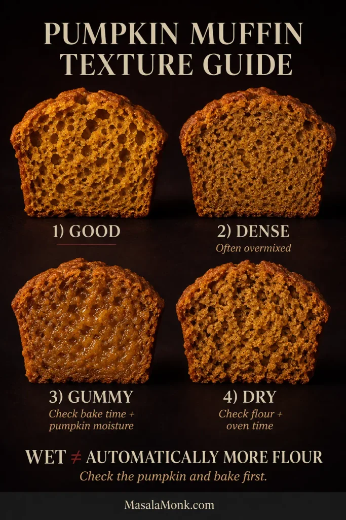 Four pumpkin muffin crumb examples labeled good, dense, gummy and dry, with visibly different pore structure and moisture.