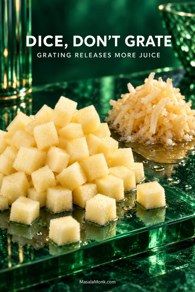 Small diced apple pieces beside grated apple releasing visible juice on a glossy green surface.
