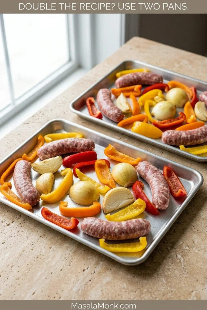 Two aluminum sheet pans arranged together, each holding raw Italian sausage links, bell pepper strips and yellow onion with visible space between the ingredients.