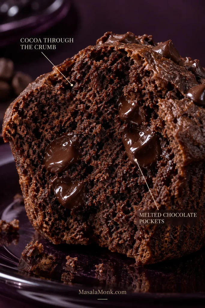 Close-up cross-section of a chocolate muffin with callouts pointing to cocoa throughout the baked crumb and separate glossy pockets of melted chocolate.