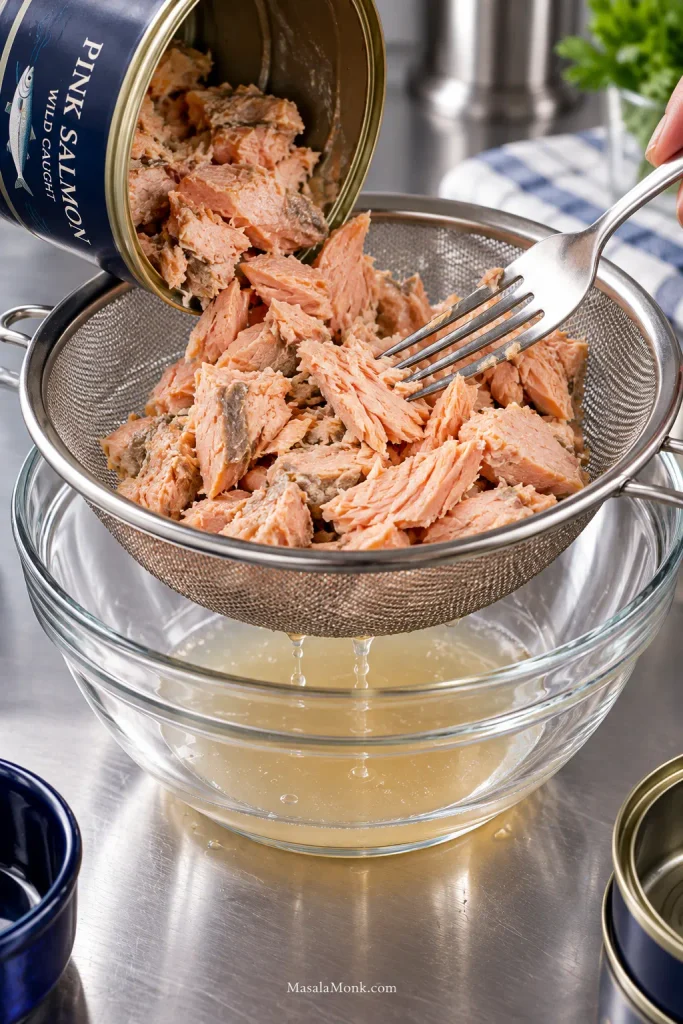 Cooked canned salmon draining through a metal strainer into a clear bowl while a fork separates the fish into flakes; a small amount of liquid collects below.