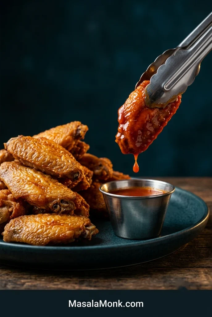 Platter of dry golden baked chicken wings beside a small bowl of sauce while metal tongs lift one freshly sauced wing above the plate.