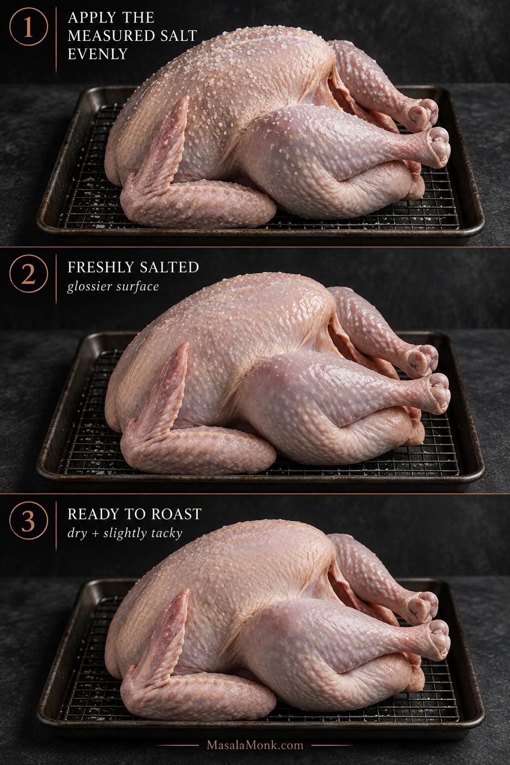 Three-stage dry-brining sequence showing measured salt applied to a raw turkey, a glossier freshly salted surface, and drier slightly tacky skin ready for roasting.