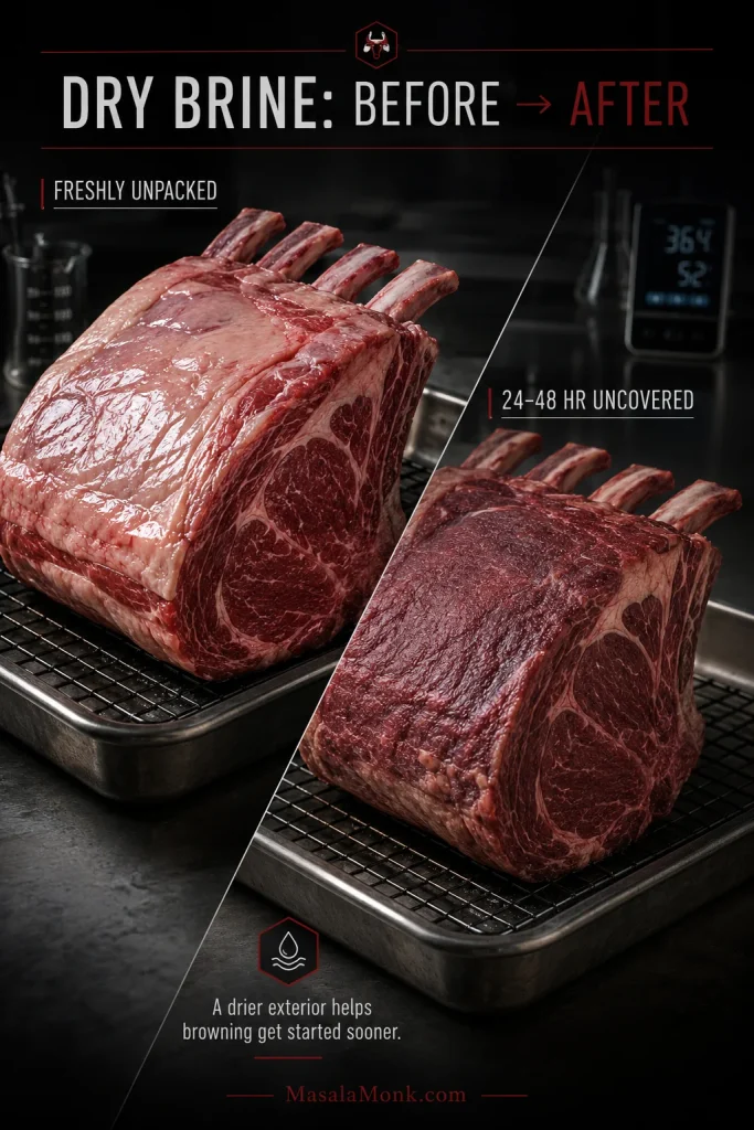 Before-and-after comparison of raw prime rib, showing a moist freshly unpacked surface becoming darker and matte after 24–48 hours uncovered in the refrigerator.