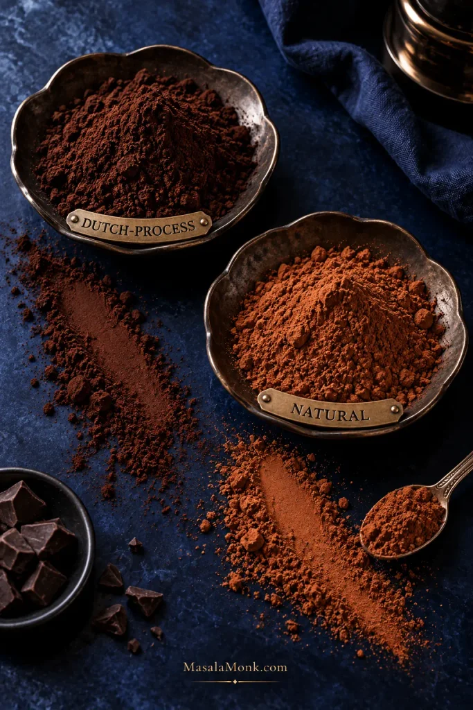 Two bowls compare darker Dutch-process cocoa powder with lighter natural cocoa powder against a deep blue background.