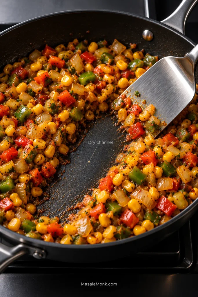 Cooked corn, onion and bell pepper pushed aside by a metal spatula in a dark skillet, leaving a dry strip of pan with no loose liquid running back into it.