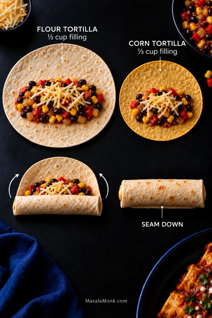 Overhead guide comparing a large flour tortilla with about half a cup of black bean and corn filling and a smaller corn tortilla with about one-third cup, followed by rolling and seam-down placement.