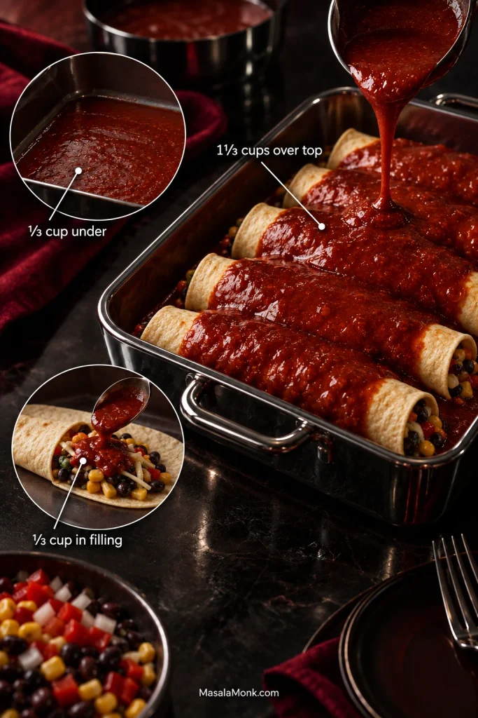 Enchilada sauce guide showing one-third cup beneath the rolls, one-third cup mixed into the filling, and one and one-third cups spread over the top while the tortilla ends remain exposed.