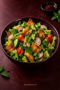 Finished fattoush salad in a dark ceramic bowl with romaine, cucumber, tomatoes, radishes, parsley, mint, sumac and crisp toasted pita pieces.