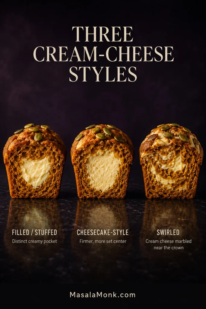 Three cut pumpkin muffins comparing a soft filled center, a firmer cheesecake-style center and cream cheese swirled through the crown.