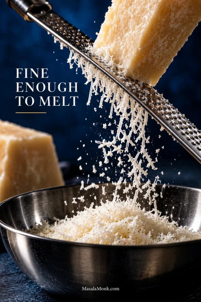Parmesan being grated on a fine rasp into thin, feathery strands over a dark bowl; text reads “Fine Enough to Melt.”