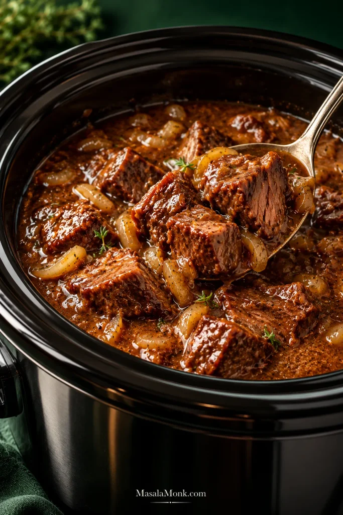 Finished beef tips and onion cooking liquid in a black slow cooker, with several cooked beef cubes lifted on a serving spoon.