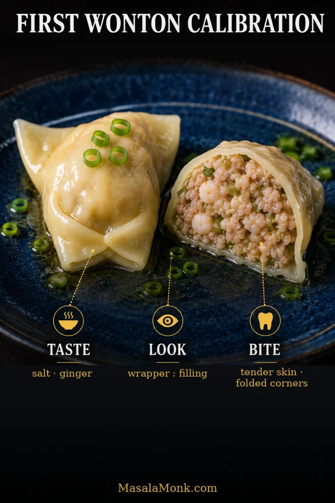 One intact cooked wonton and one cut-open wonton with labels for Taste: salt and ginger, Look: wrapper to filling, and Bite: tender skin and folded corners.