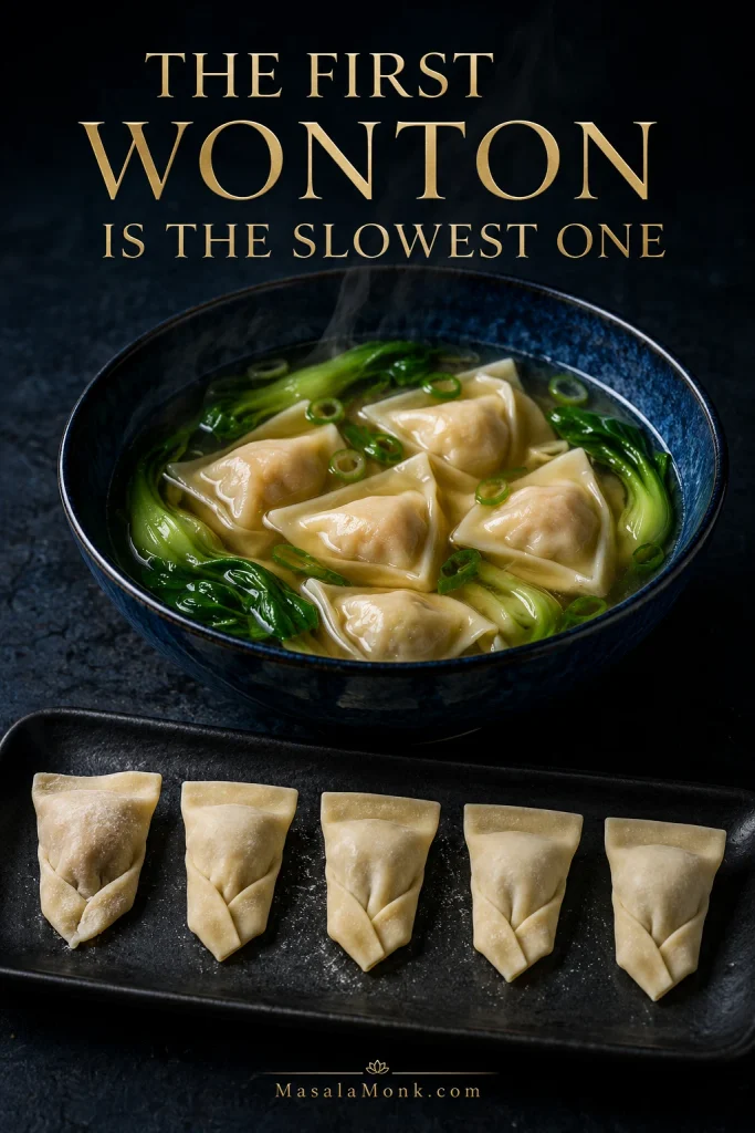 Finished bowl of wonton soup above a row of handmade raw wontons progressing from a slightly awkward first fold to cleaner, more confident later folds.