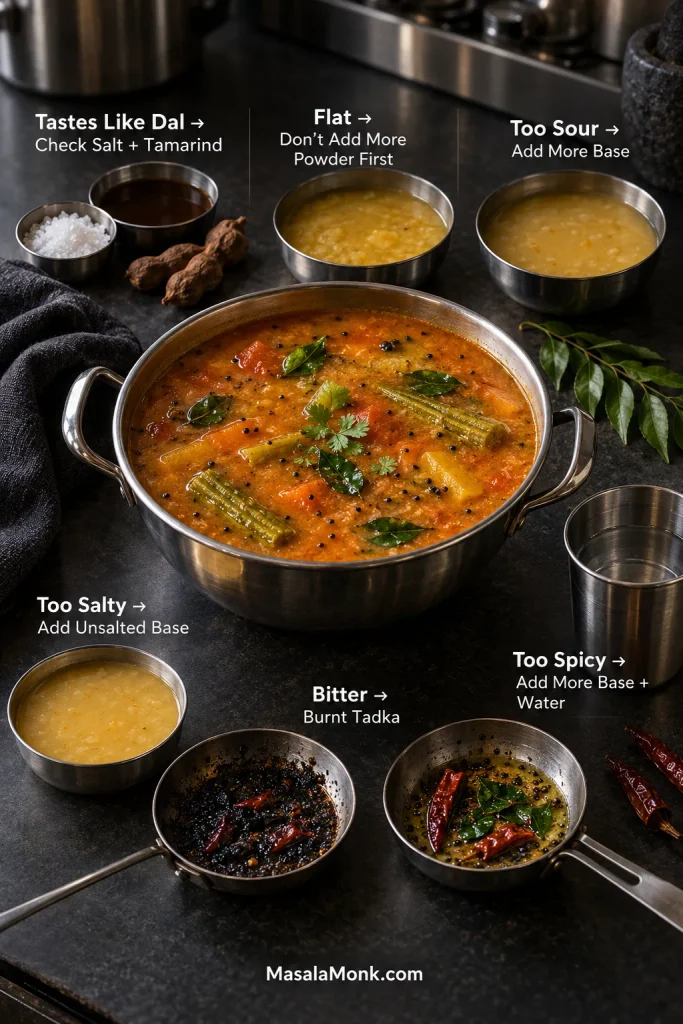 Sambar flavour troubleshooting visual showing fixes for sambar that tastes like plain dal, tastes flat, is too sour, too salty, too spicy or bitter from burnt tadka.