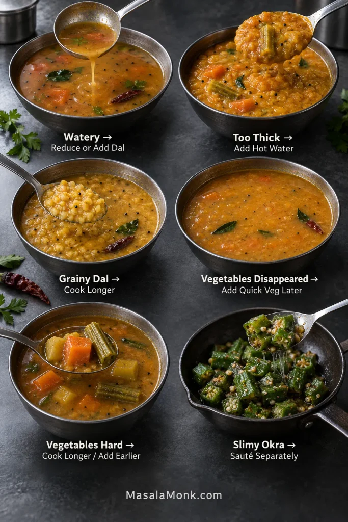Sambar texture troubleshooting guide showing watery sambar, overly thick sambar, grainy dal, vegetables cooked until they disappear, vegetables left too firm and slimy okra.