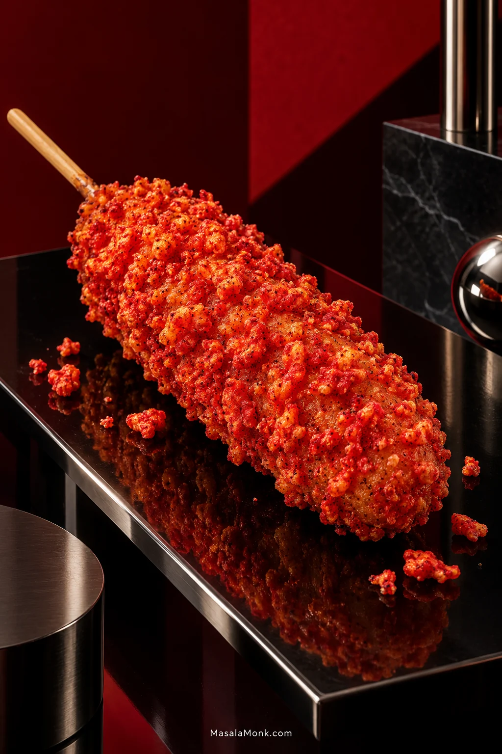 Korean corn dog coated in irregular red-orange crushed spicy corn snack crumbs on a glossy black surface against a deep red background.