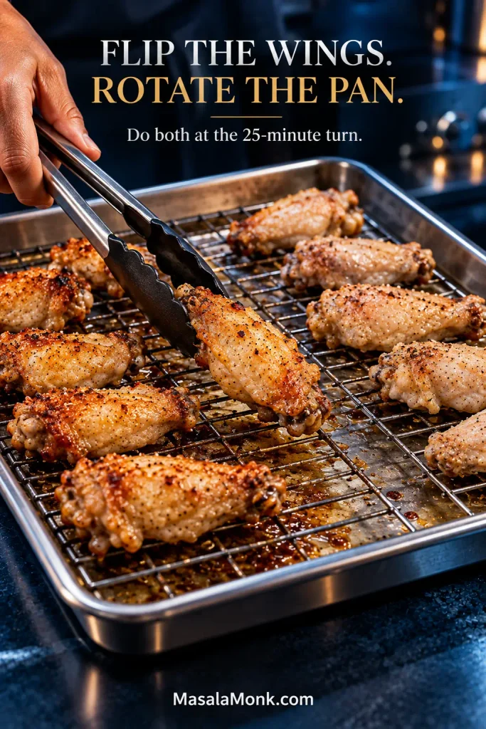 Hand using metal tongs to flip partially baked chicken wings on a wire rack while the sheet pan is positioned for rotation.