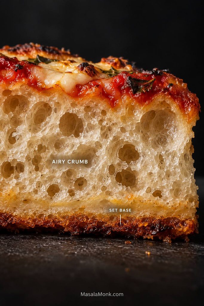 Macro cross-section of focaccia pizza showing irregular air pockets beneath tomato and melted cheese and above a browned, fully set base.