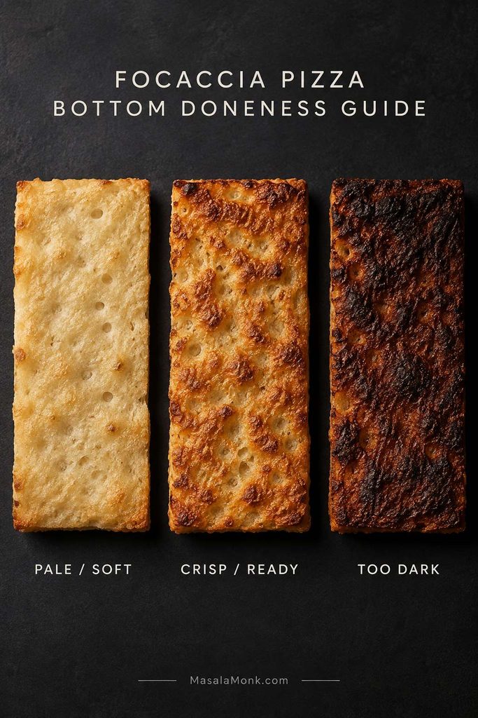 Three focaccia pizza bottoms labeled pale and soft, crisp and ready, and too dark, shown at the same angle for comparison.